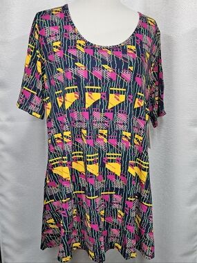 LuLaRoe Neon Geo Print Top - Pink, Yellow & Teal on Navy